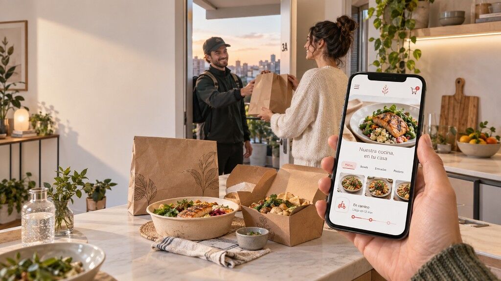 Cliente recibiendo un pedido en casa mientras mira el menú de delivery en el celular