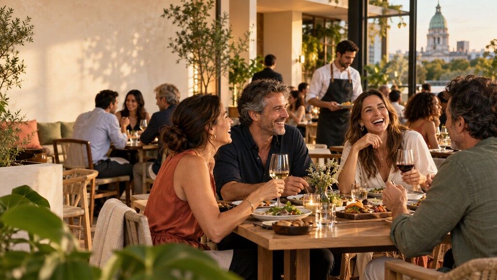 Grupo de amigos cenando en una terraza con vista a la ciudad
